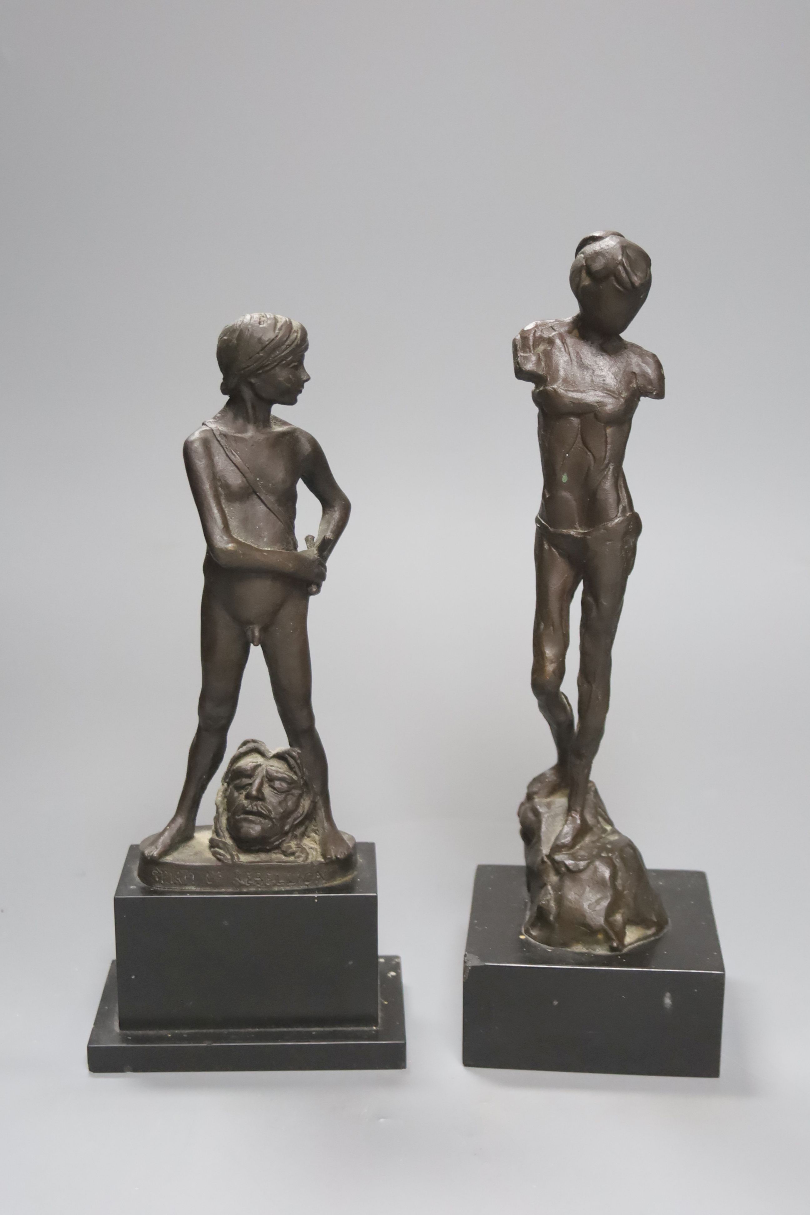 Enzo Plazzotta, Two bronze figural statues, 'Spirit of Rebellion' and another, c.1977, tallest 29cm